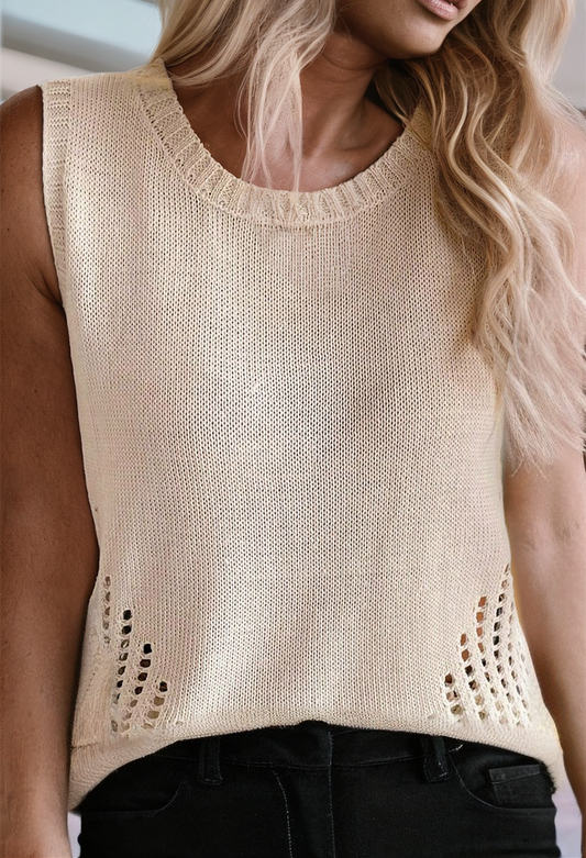 Beige Pointelle Detail Solid Color Knit Sweater Tank